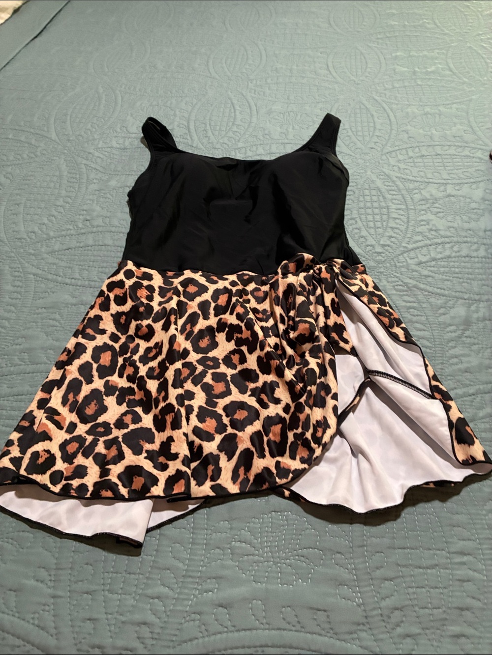 Black & Leopard Print One-Piece Swimdress